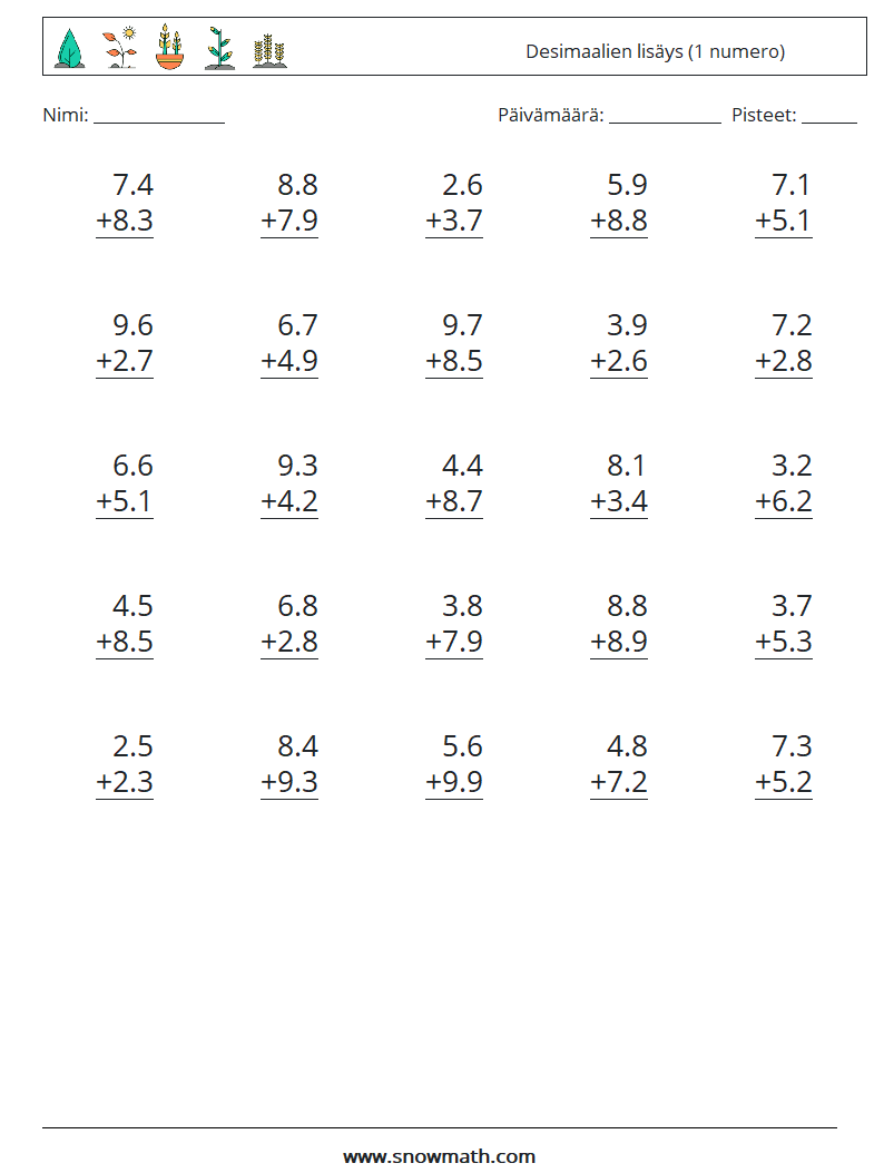 (25) Desimaalien lisäys (1 numero) Matematiikan laskentataulukot 5