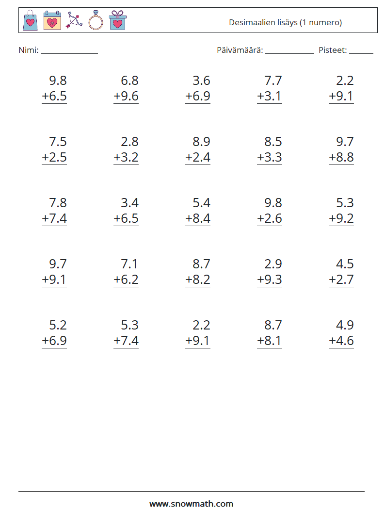 (25) Desimaalien lisäys (1 numero) Matematiikan laskentataulukot 6