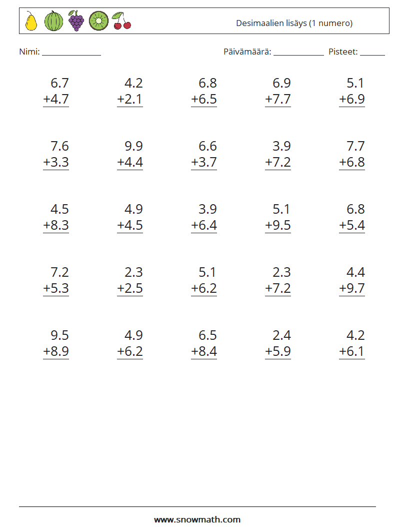 (25) Desimaalien lisäys (1 numero) Matematiikan laskentataulukot 7