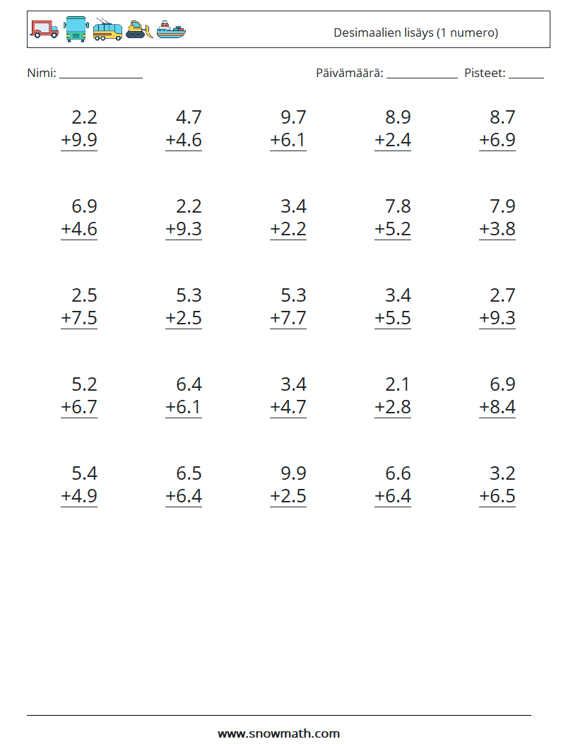 (25) Desimaalien lisäys (1 numero) Matematiikan laskentataulukot 8