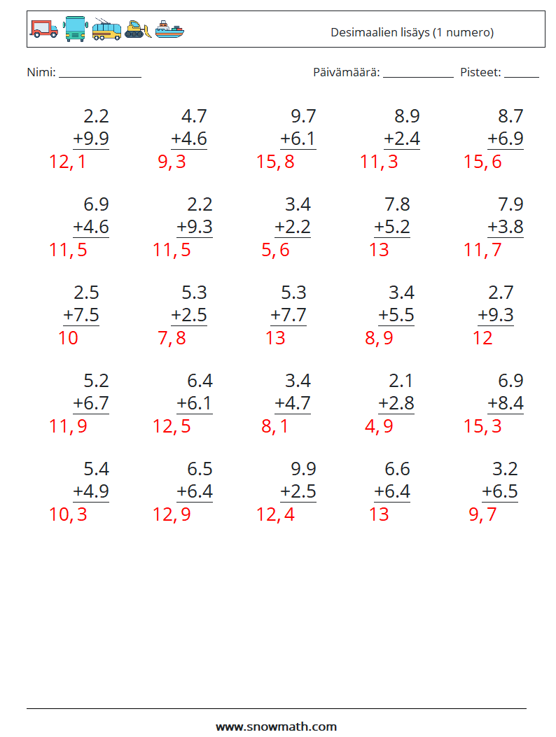 (25) Desimaalien lisäys (1 numero) Matematiikan laskentataulukot 8 Kysymys, vastaus