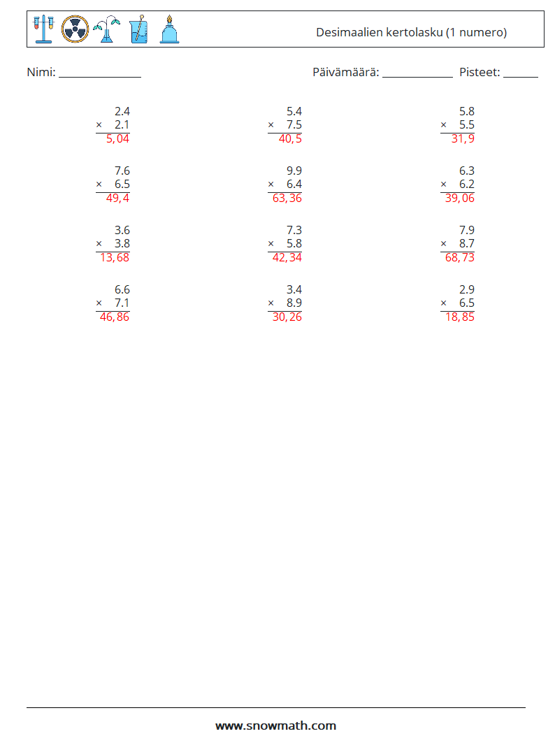 (12) Desimaalien kertolasku (1 numero) Matematiikan laskentataulukot 1 Kysymys, vastaus