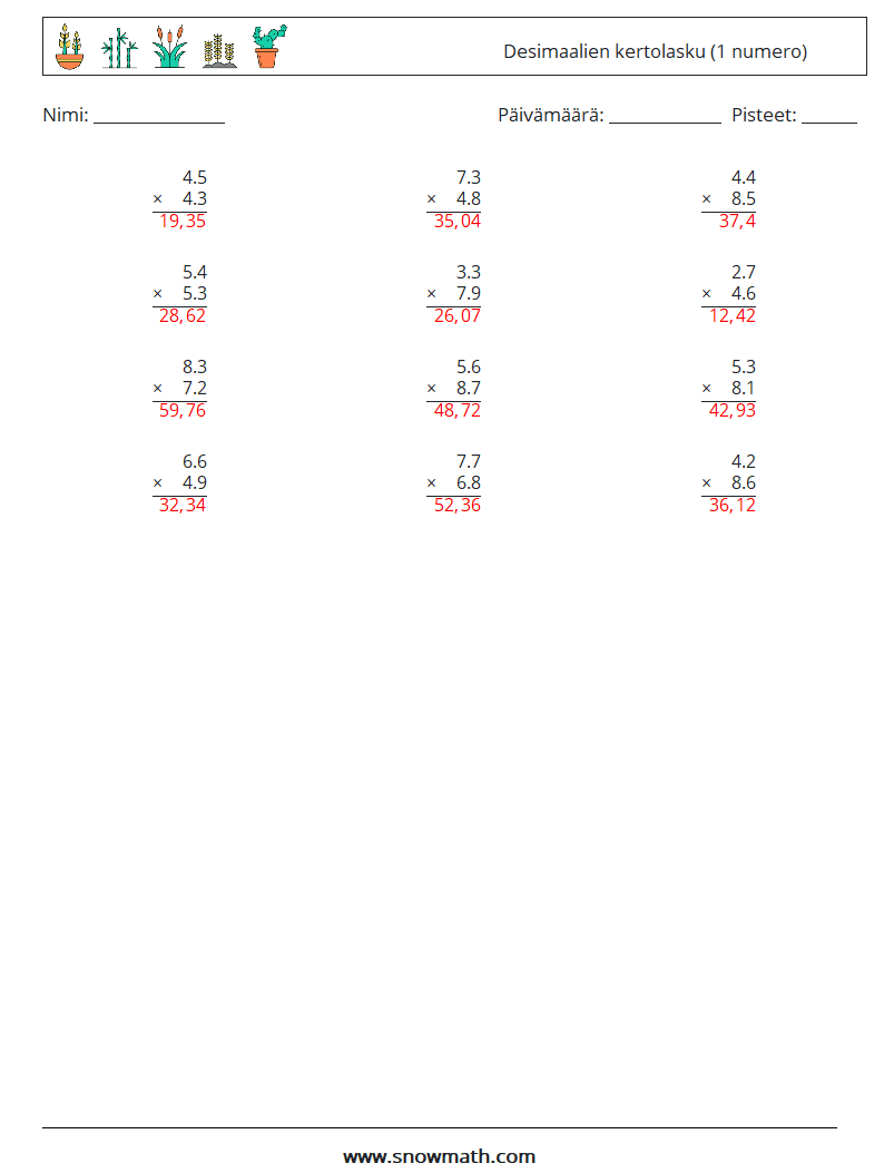 (12) Desimaalien kertolasku (1 numero) Matematiikan laskentataulukot 2 Kysymys, vastaus