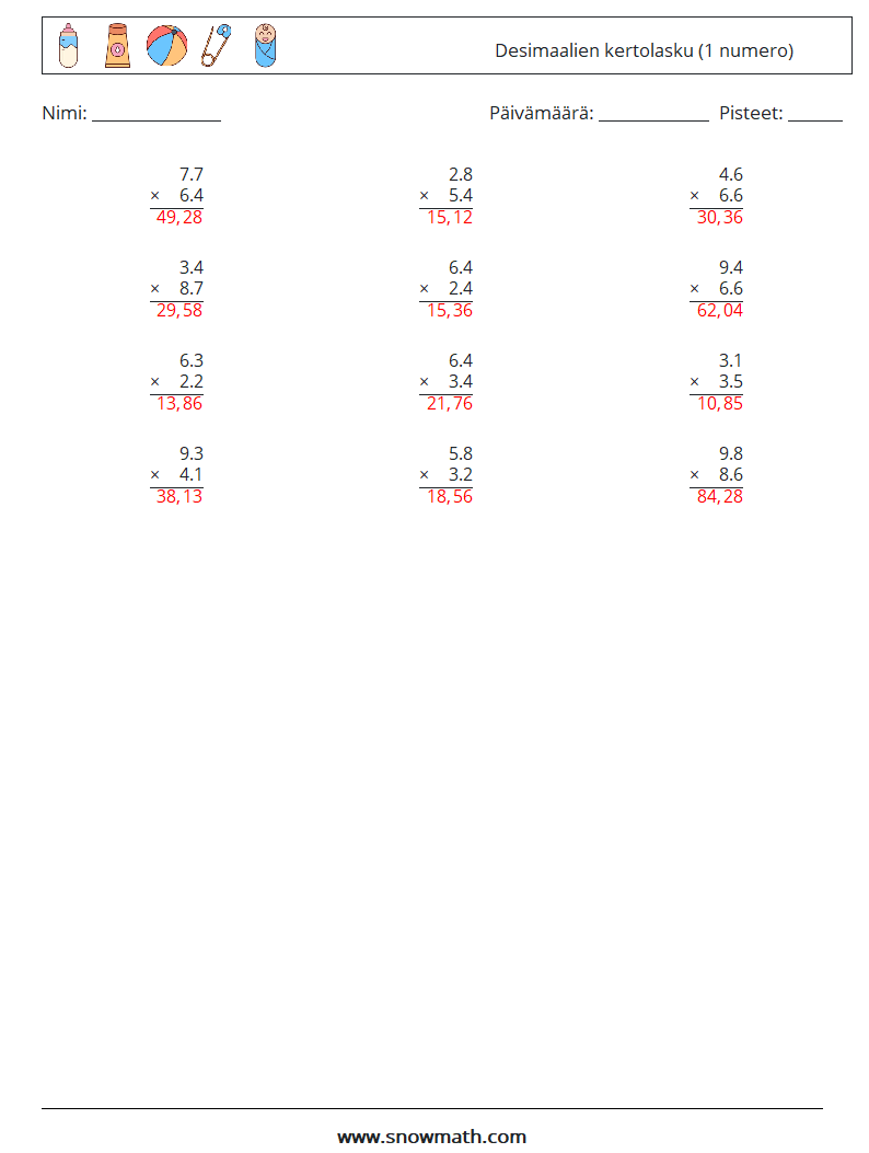 (12) Desimaalien kertolasku (1 numero) Matematiikan laskentataulukot 3 Kysymys, vastaus