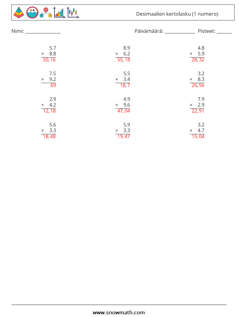 (12) Desimaalien kertolasku (1 numero) Matematiikan laskentataulukot 4 Kysymys, vastaus