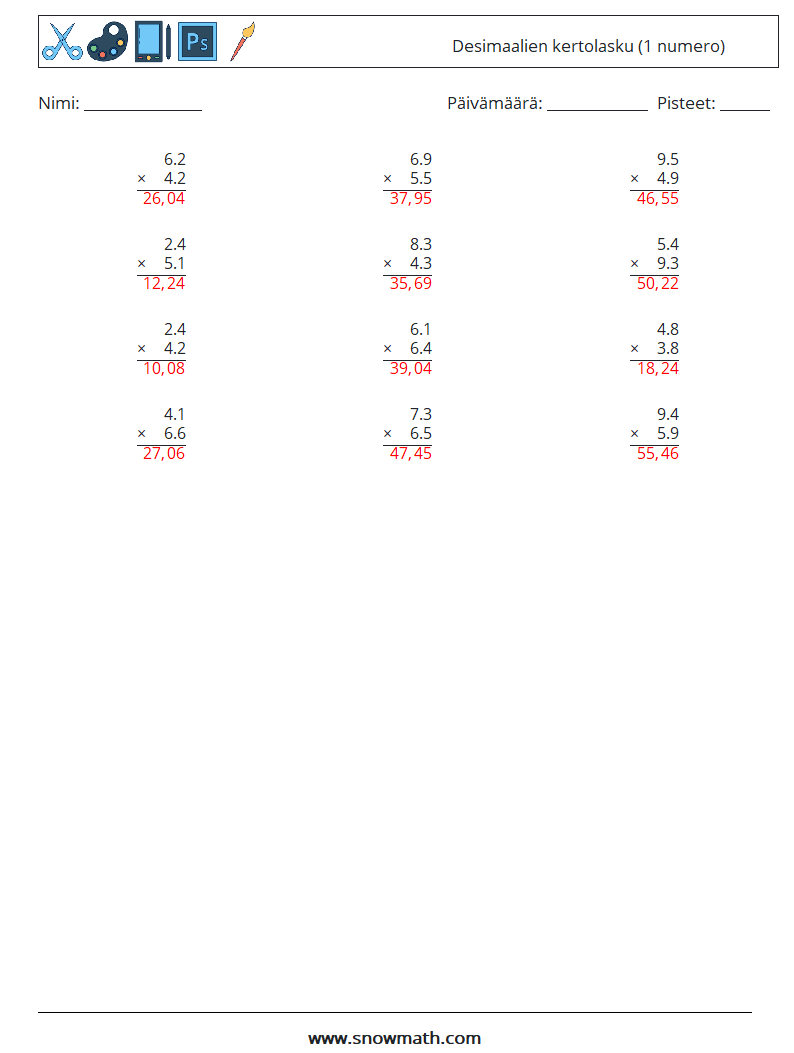 (12) Desimaalien kertolasku (1 numero) Matematiikan laskentataulukot 8 Kysymys, vastaus