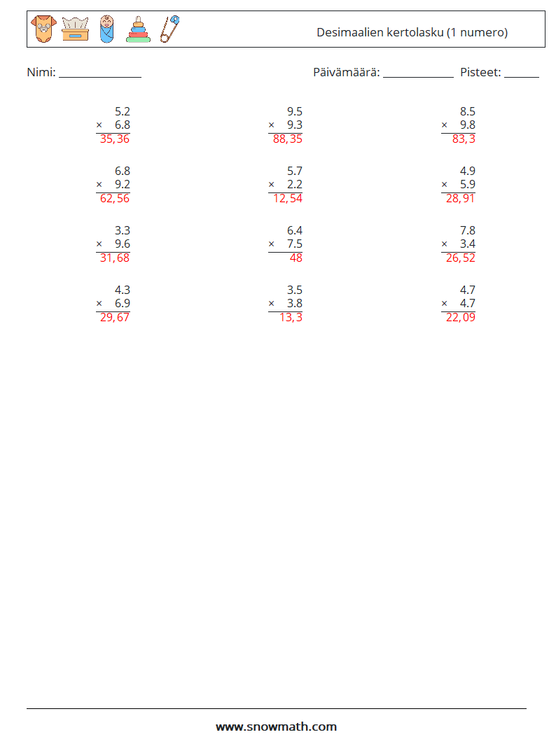 (12) Desimaalien kertolasku (1 numero) Matematiikan laskentataulukot 9 Kysymys, vastaus