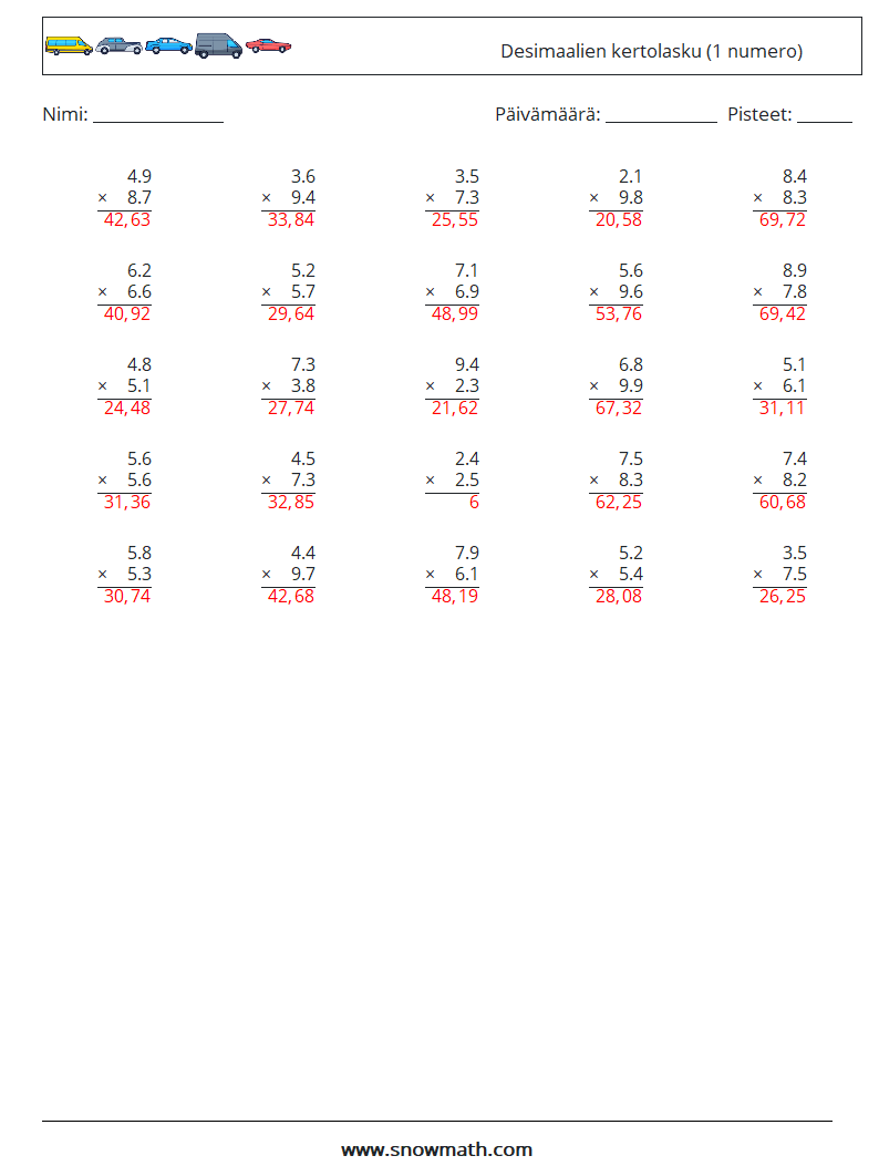 (25) Desimaalien kertolasku (1 numero) Matematiikan laskentataulukot 5 Kysymys, vastaus