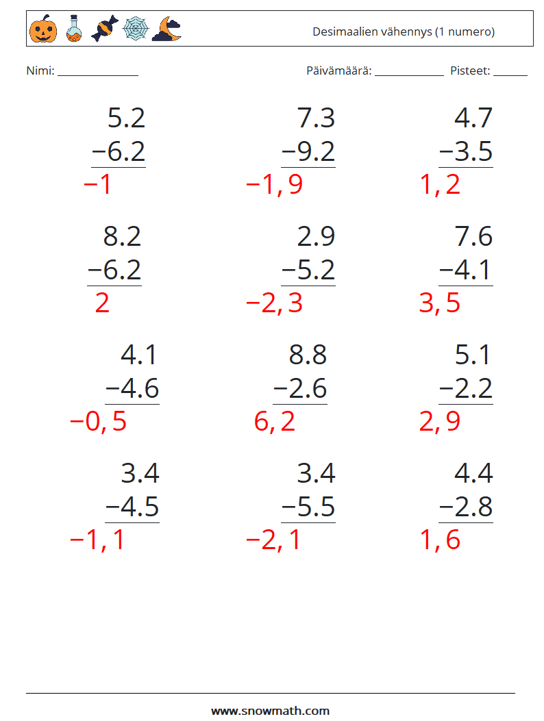 (12) Desimaalien vähennys (1 numero) Matematiikan laskentataulukot 18 Kysymys, vastaus