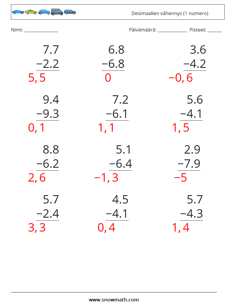 (12) Desimaalien vähennys (1 numero) Matematiikan laskentataulukot 5 Kysymys, vastaus