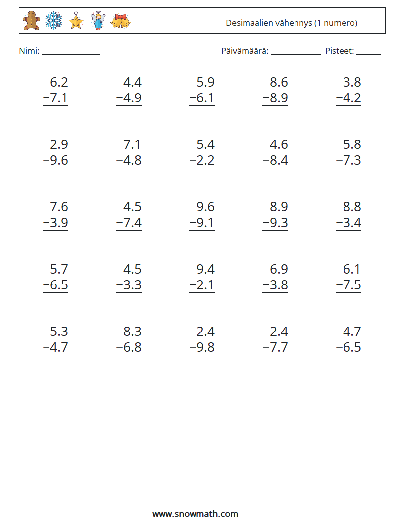 (25) Desimaalien vähennys (1 numero) Matematiikan laskentataulukot 10