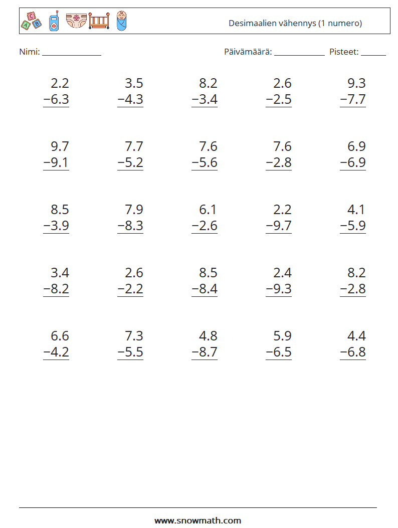 (25) Desimaalien vähennys (1 numero) Matematiikan laskentataulukot 11