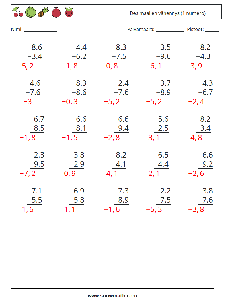 (25) Desimaalien vähennys (1 numero) Matematiikan laskentataulukot 12 Kysymys, vastaus