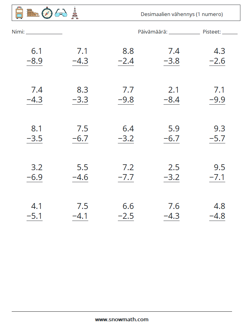 (25) Desimaalien vähennys (1 numero) Matematiikan laskentataulukot 13