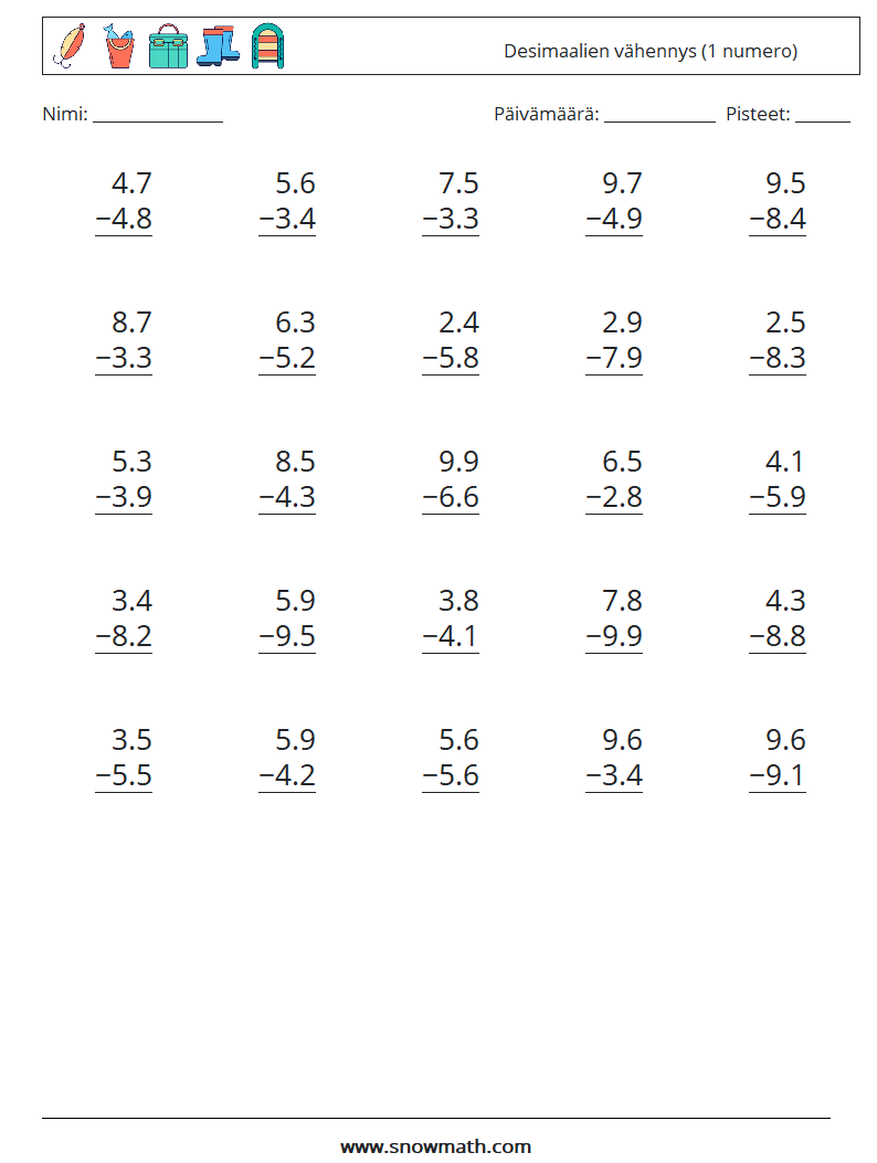 (25) Desimaalien vähennys (1 numero) Matematiikan laskentataulukot 14