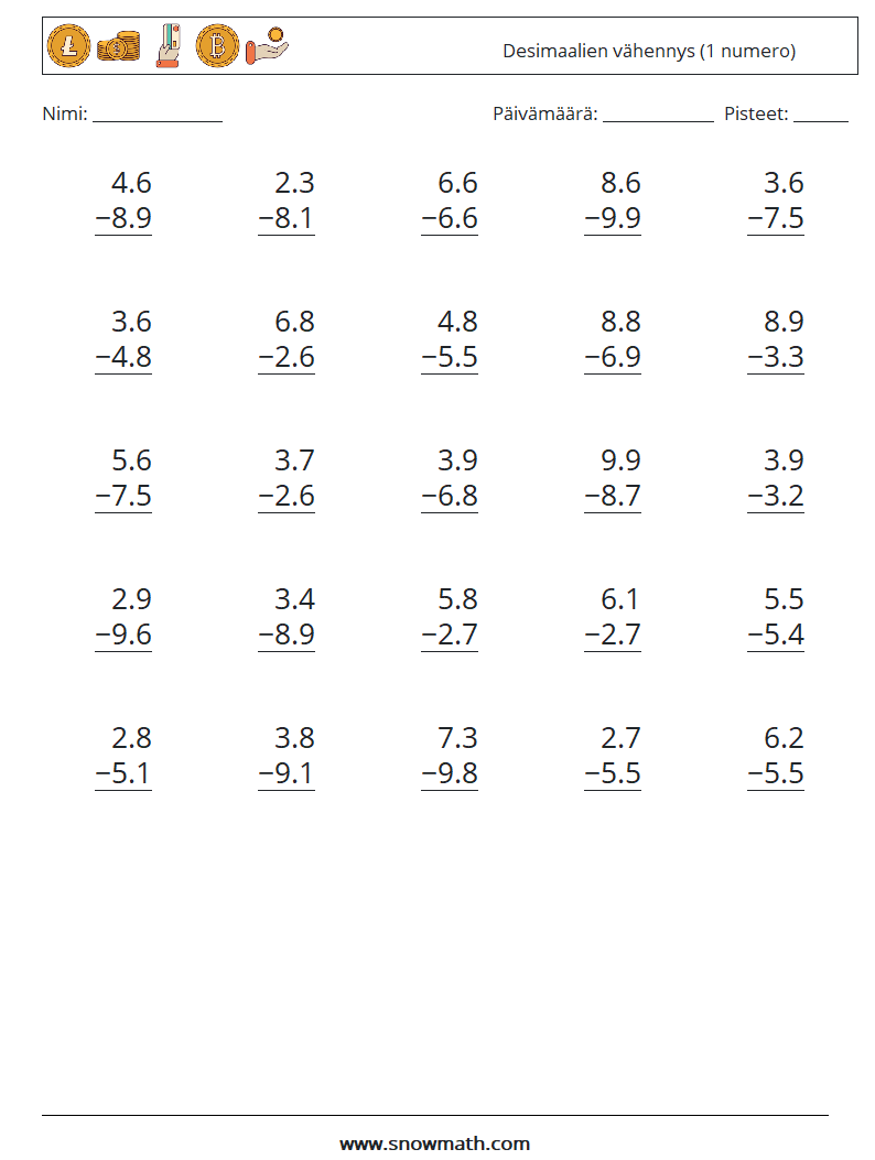 (25) Desimaalien vähennys (1 numero) Matematiikan laskentataulukot 15