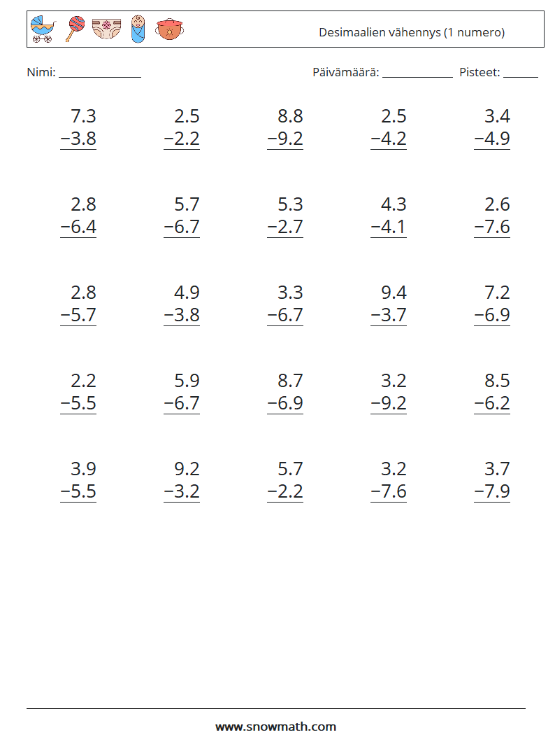 (25) Desimaalien vähennys (1 numero) Matematiikan laskentataulukot 16