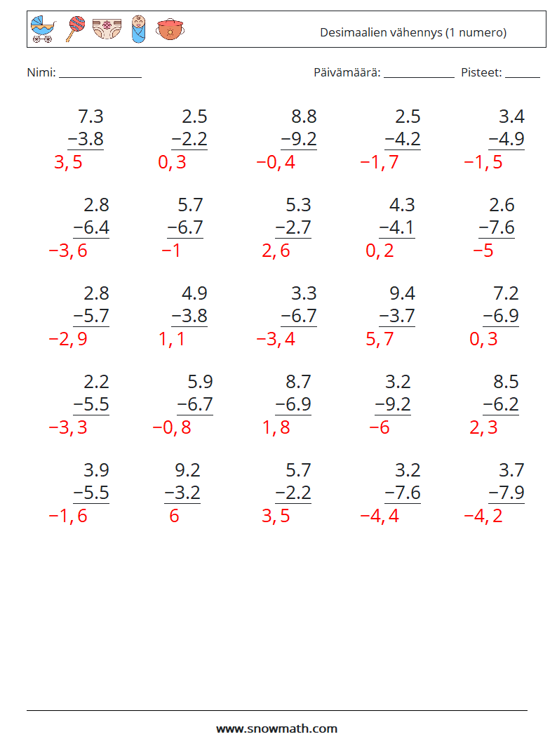 (25) Desimaalien vähennys (1 numero) Matematiikan laskentataulukot 16 Kysymys, vastaus