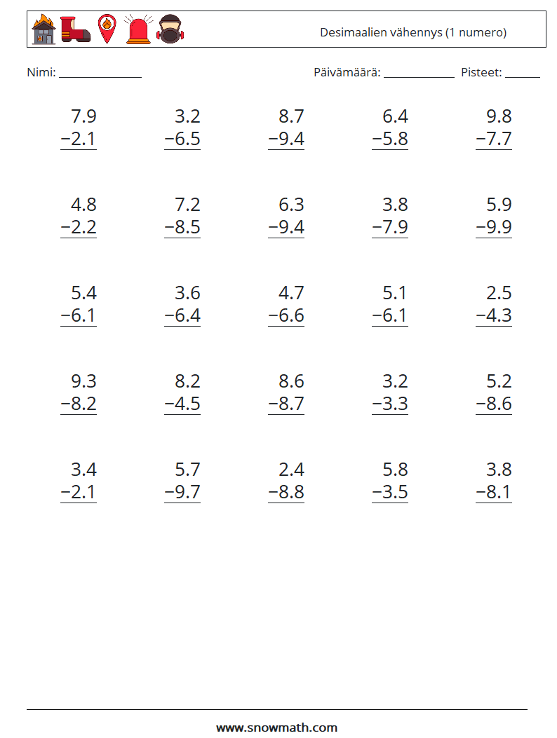 (25) Desimaalien vähennys (1 numero) Matematiikan laskentataulukot 17