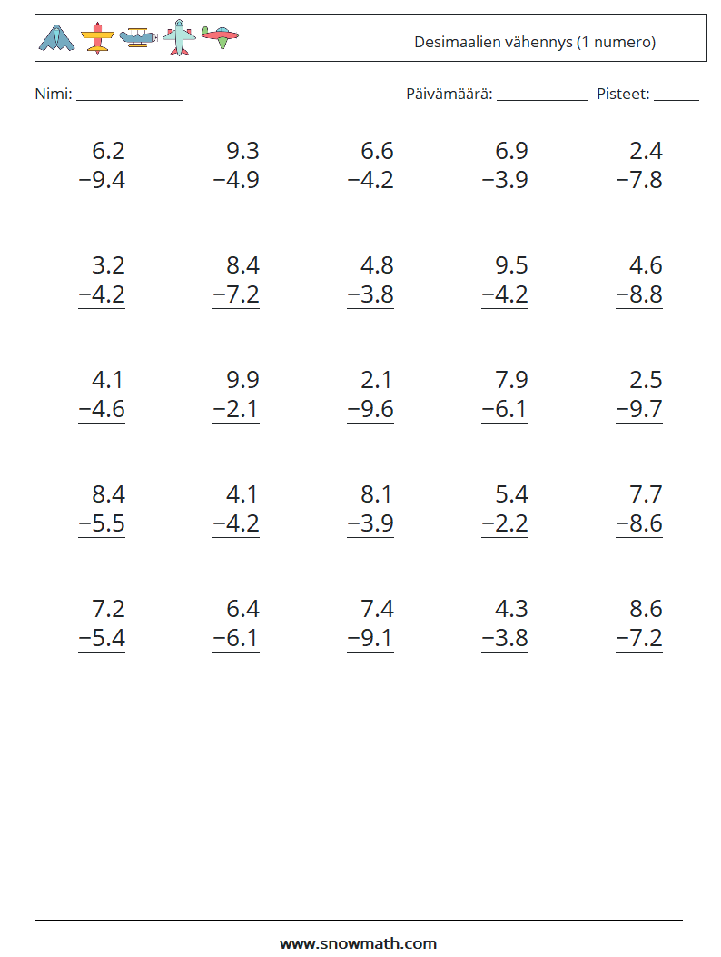 (25) Desimaalien vähennys (1 numero) Matematiikan laskentataulukot 2