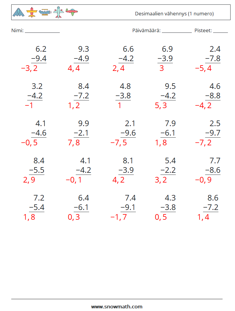 (25) Desimaalien vähennys (1 numero) Matematiikan laskentataulukot 2 Kysymys, vastaus