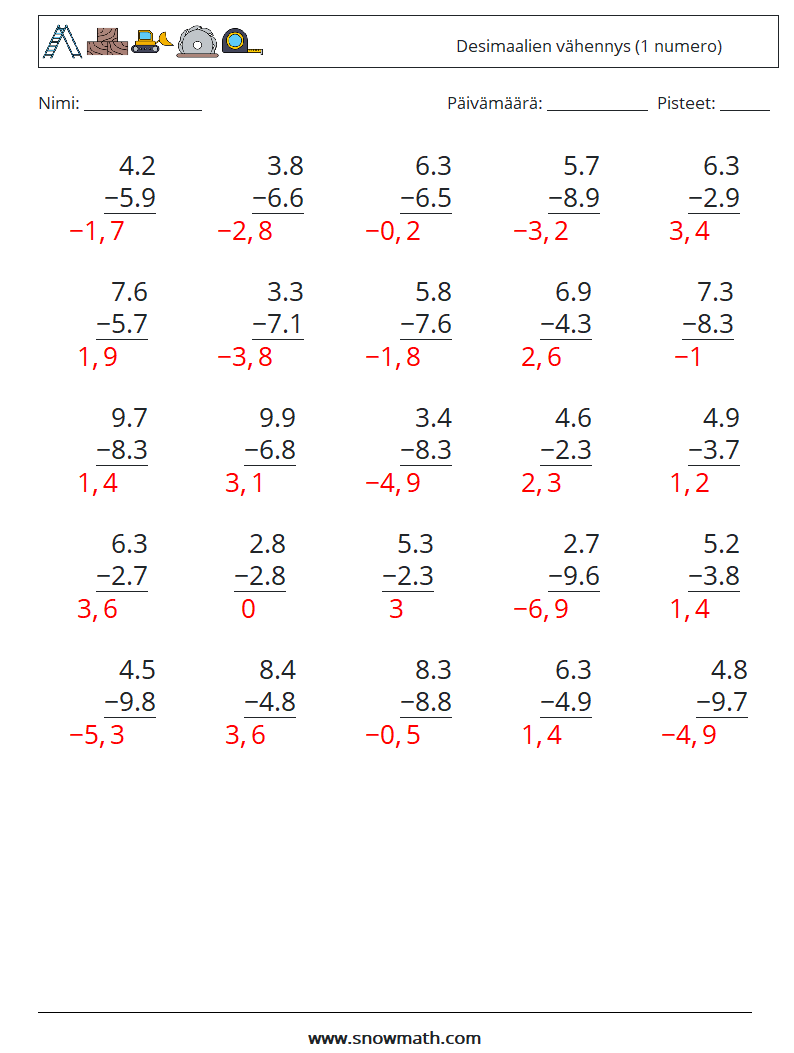 (25) Desimaalien vähennys (1 numero) Matematiikan laskentataulukot 3 Kysymys, vastaus