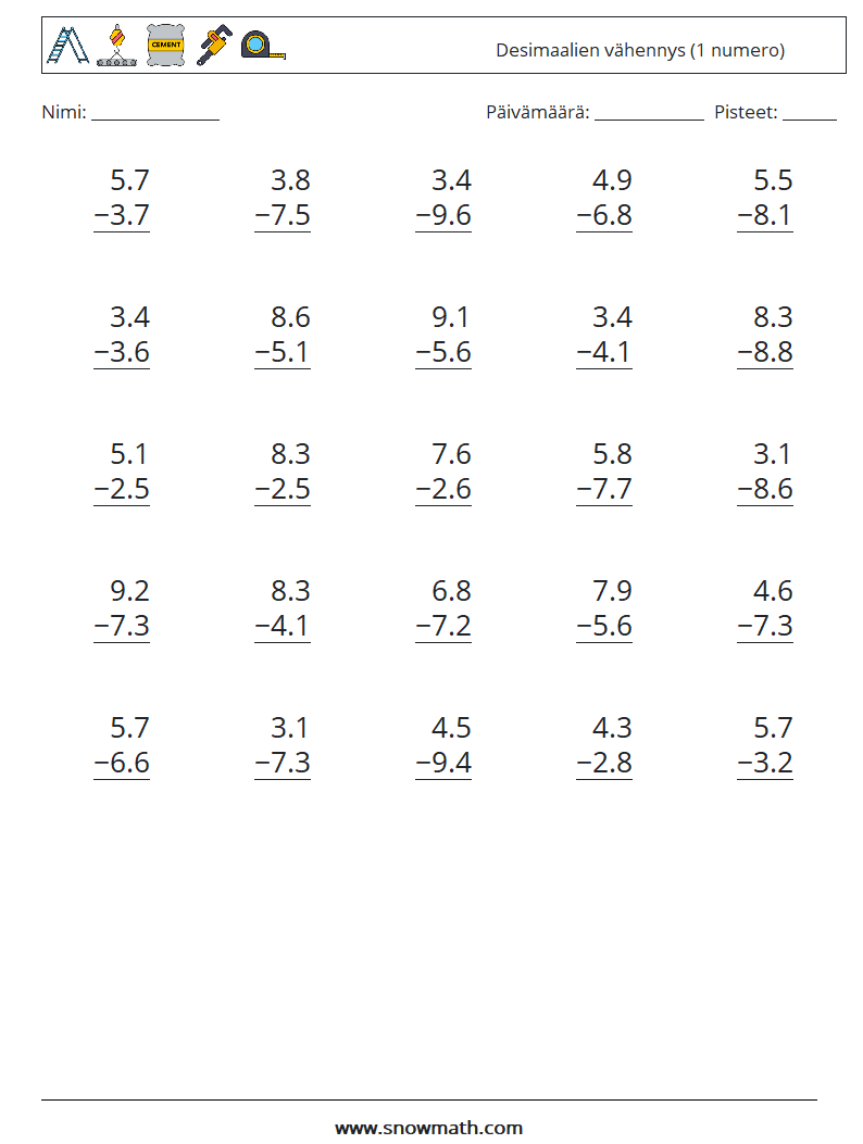 (25) Desimaalien vähennys (1 numero) Matematiikan laskentataulukot 4