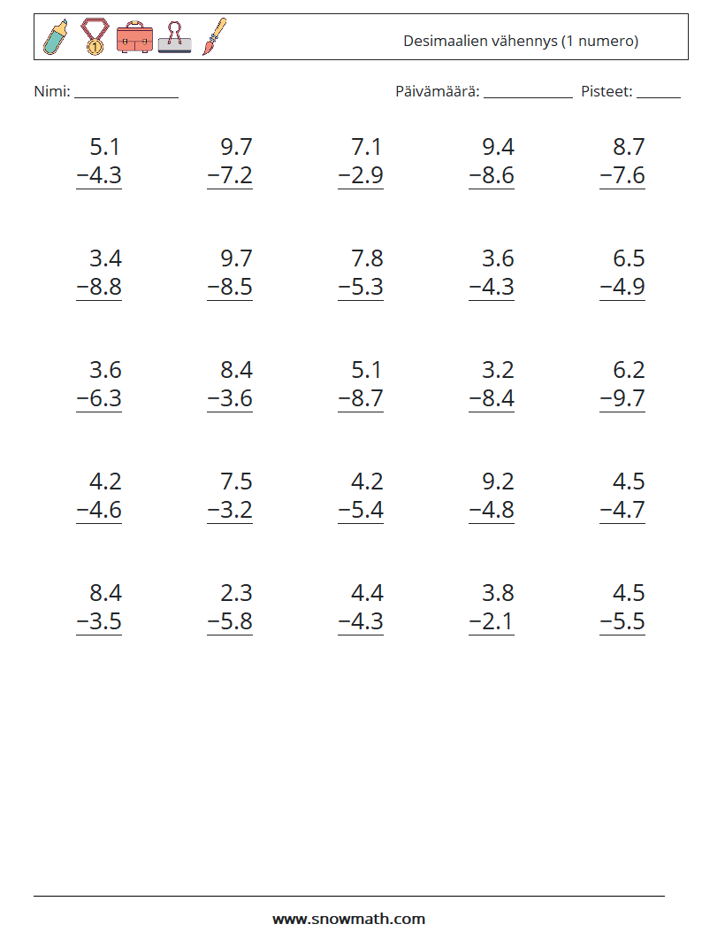 (25) Desimaalien vähennys (1 numero) Matematiikan laskentataulukot 6