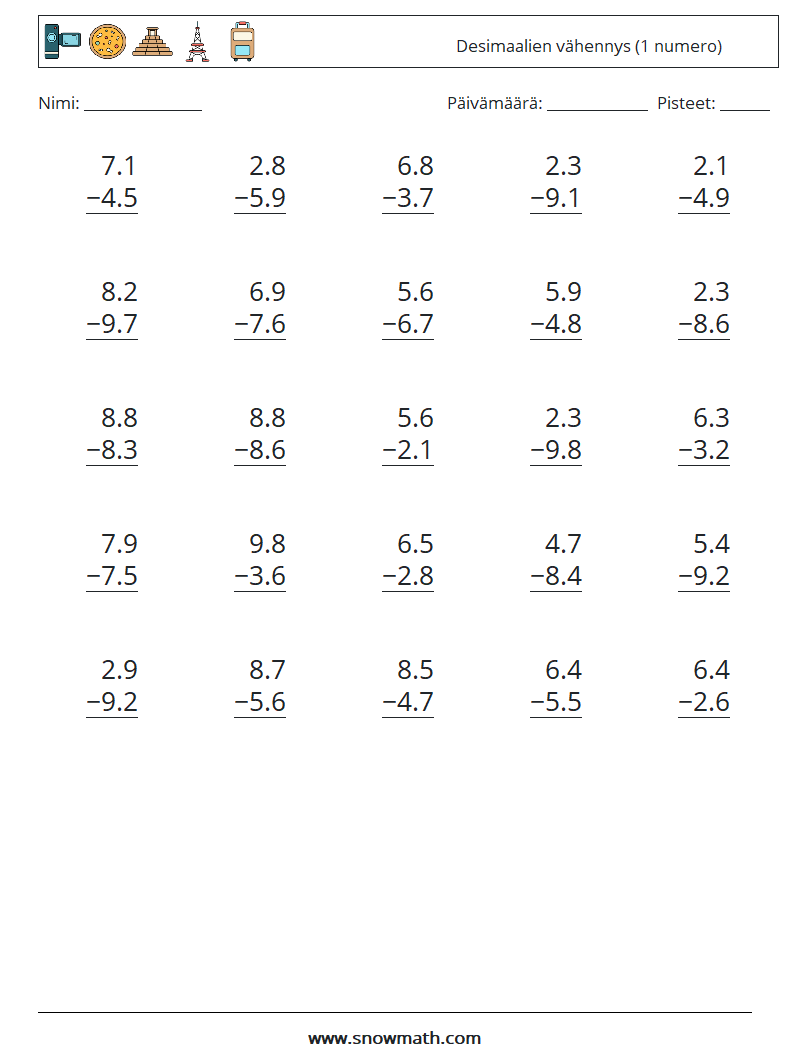 (25) Desimaalien vähennys (1 numero) Matematiikan laskentataulukot 7