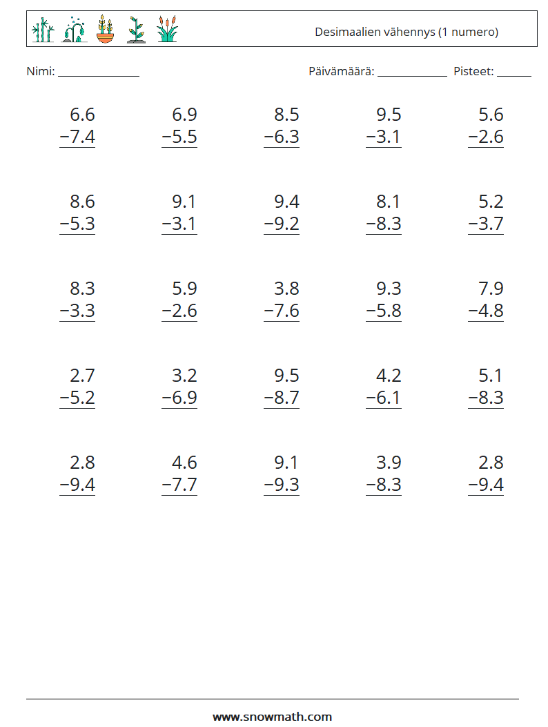 (25) Desimaalien vähennys (1 numero) Matematiikan laskentataulukot 8