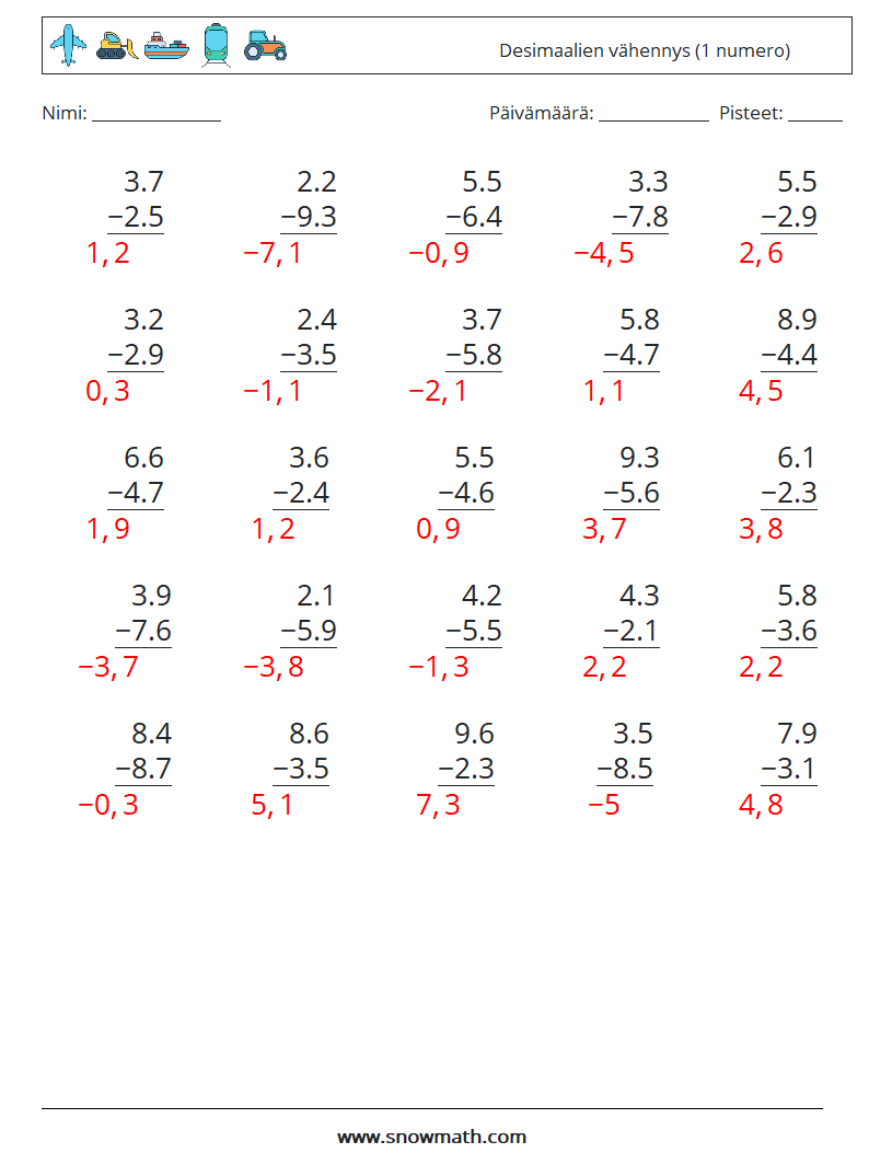 (25) Desimaalien vähennys (1 numero) Matematiikan laskentataulukot 9 Kysymys, vastaus