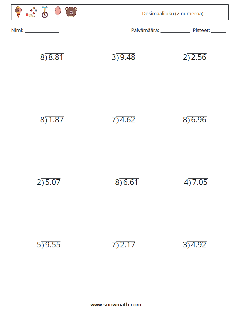 (12) Desimaaliluku (2 numeroa) Matematiikan laskentataulukot 12