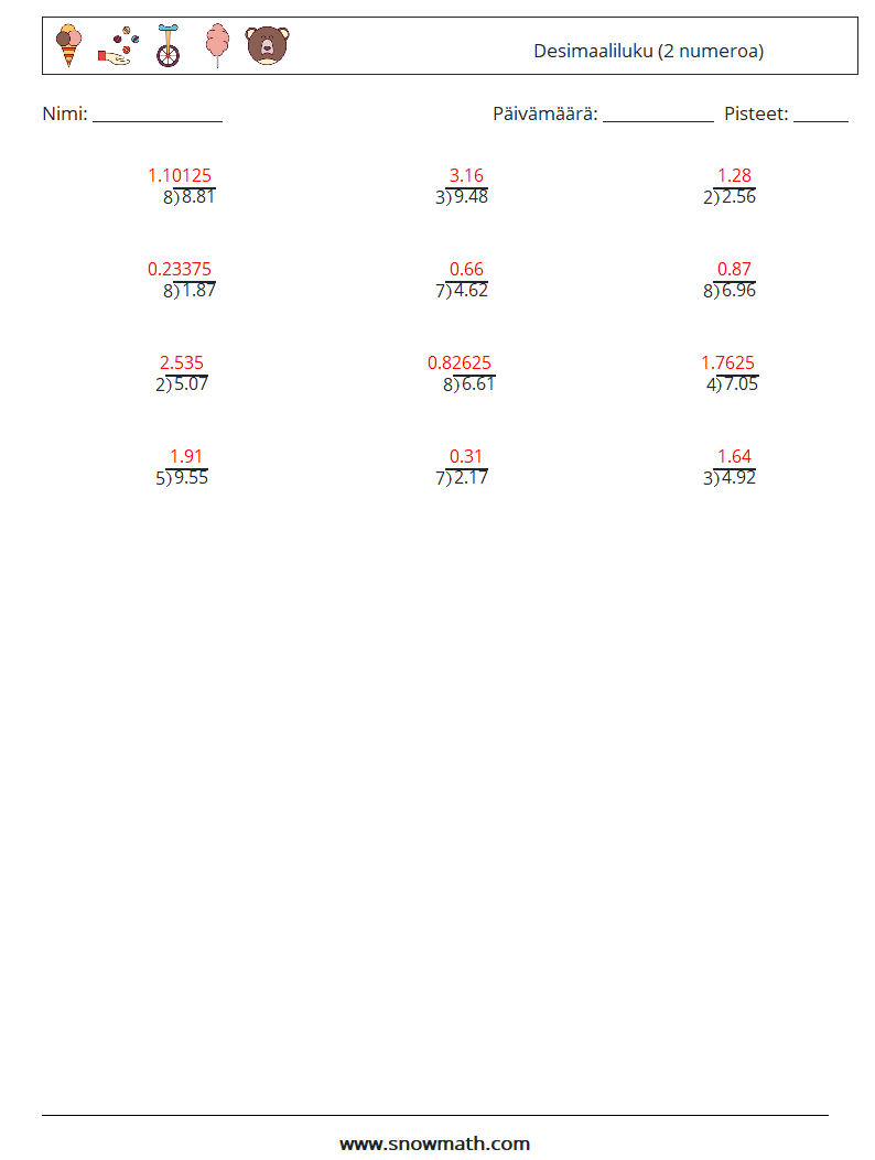 (12) Desimaaliluku (2 numeroa) Matematiikan laskentataulukot 12 Kysymys, vastaus