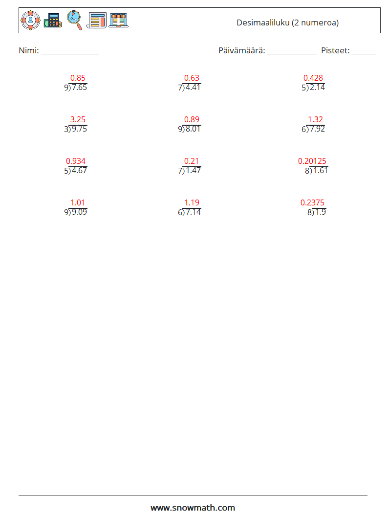 (12) Desimaaliluku (2 numeroa) Matematiikan laskentataulukot 15 Kysymys, vastaus