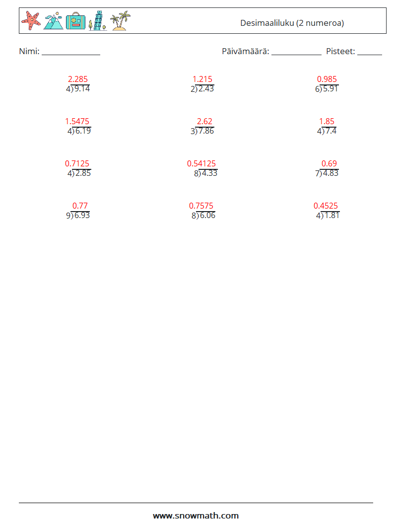 (12) Desimaaliluku (2 numeroa) Matematiikan laskentataulukot 18 Kysymys, vastaus