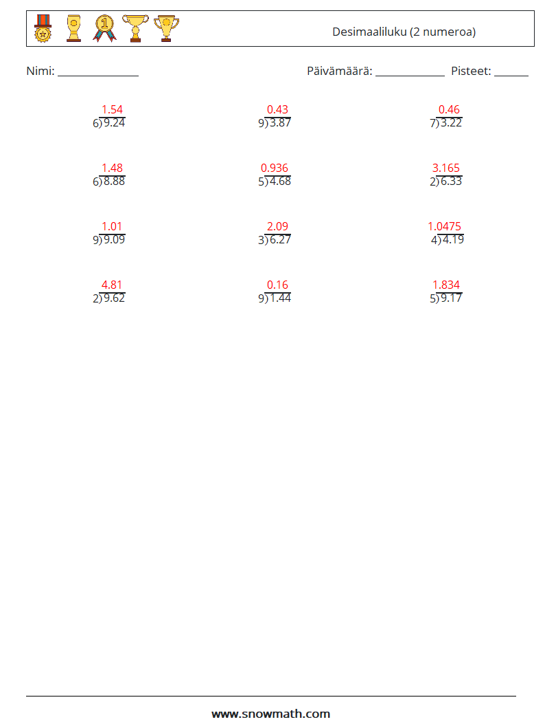 (12) Desimaaliluku (2 numeroa) Matematiikan laskentataulukot 2 Kysymys, vastaus