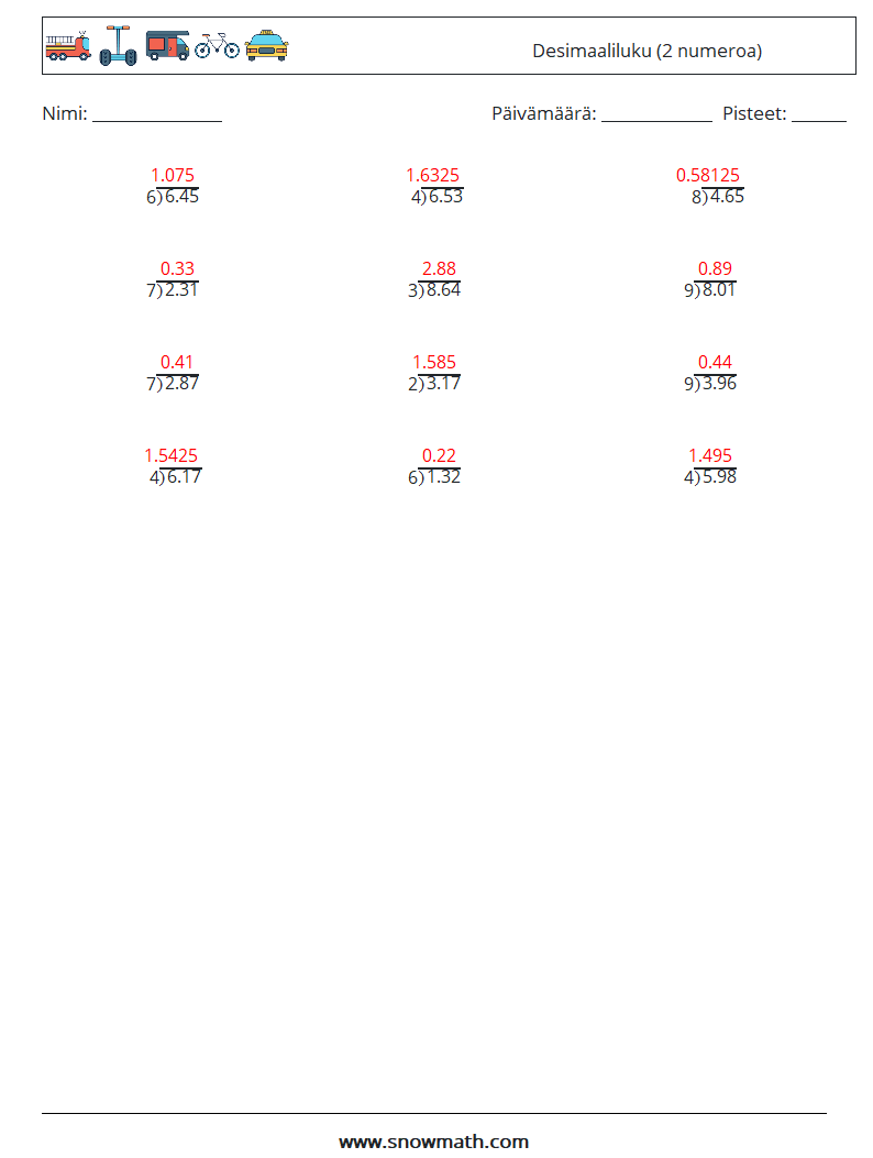 (12) Desimaaliluku (2 numeroa) Matematiikan laskentataulukot 3 Kysymys, vastaus