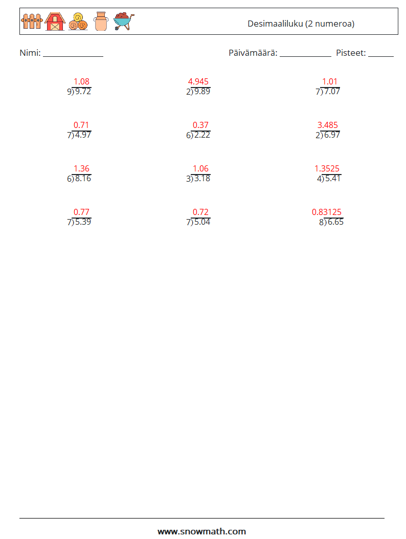 (12) Desimaaliluku (2 numeroa) Matematiikan laskentataulukot 4 Kysymys, vastaus