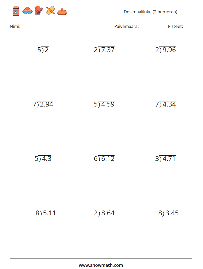 (12) Desimaaliluku (2 numeroa) Matematiikan laskentataulukot 6