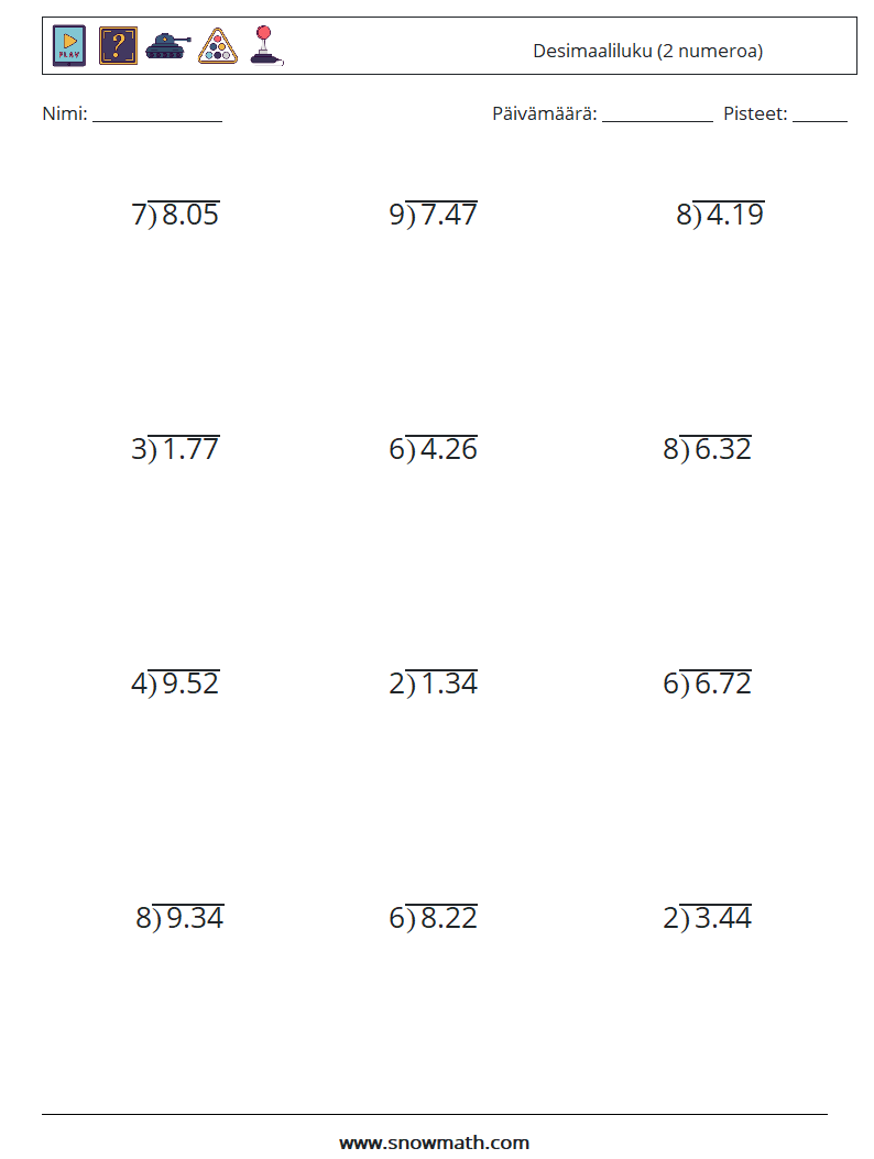 (12) Desimaaliluku (2 numeroa) Matematiikan laskentataulukot 8