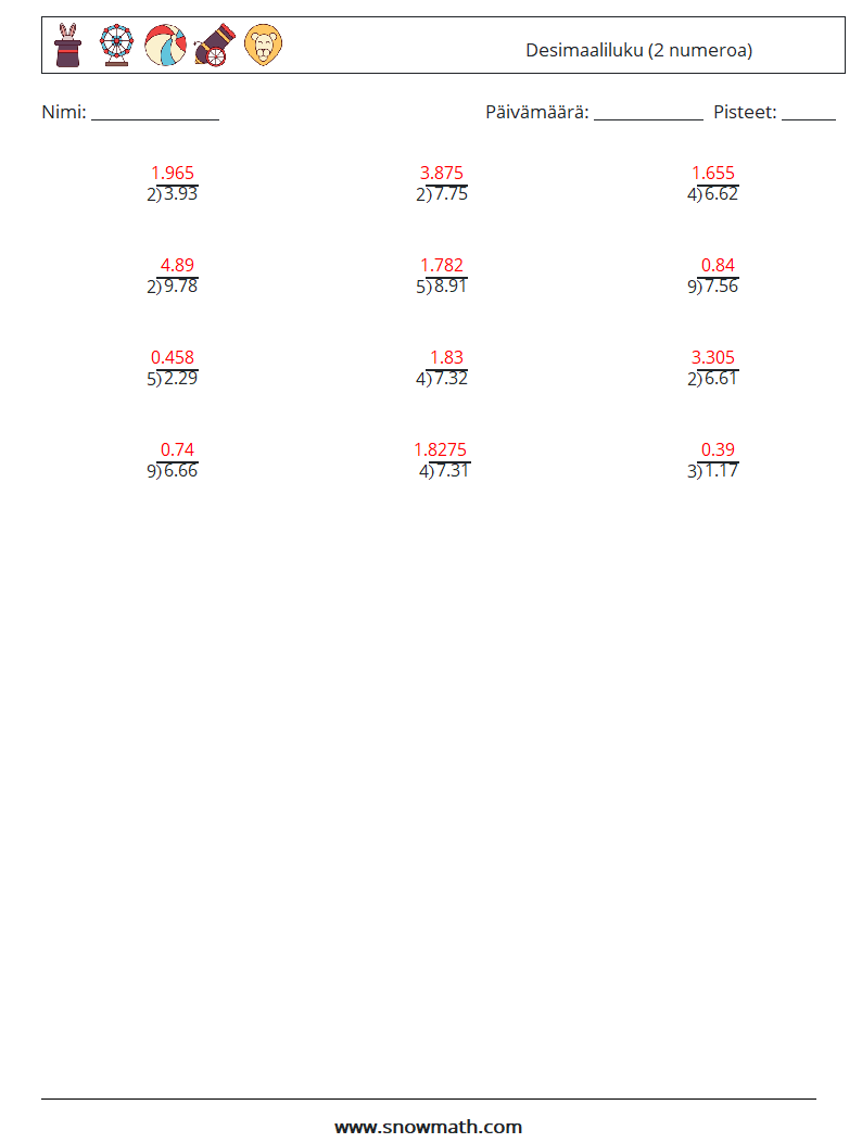 (12) Desimaaliluku (2 numeroa) Matematiikan laskentataulukot 9 Kysymys, vastaus