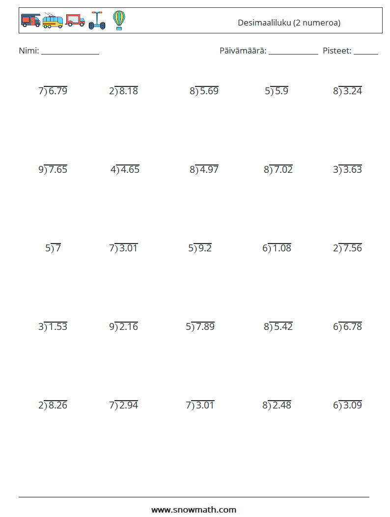 (25) Desimaaliluku (2 numeroa) Matematiikan laskentataulukot 1