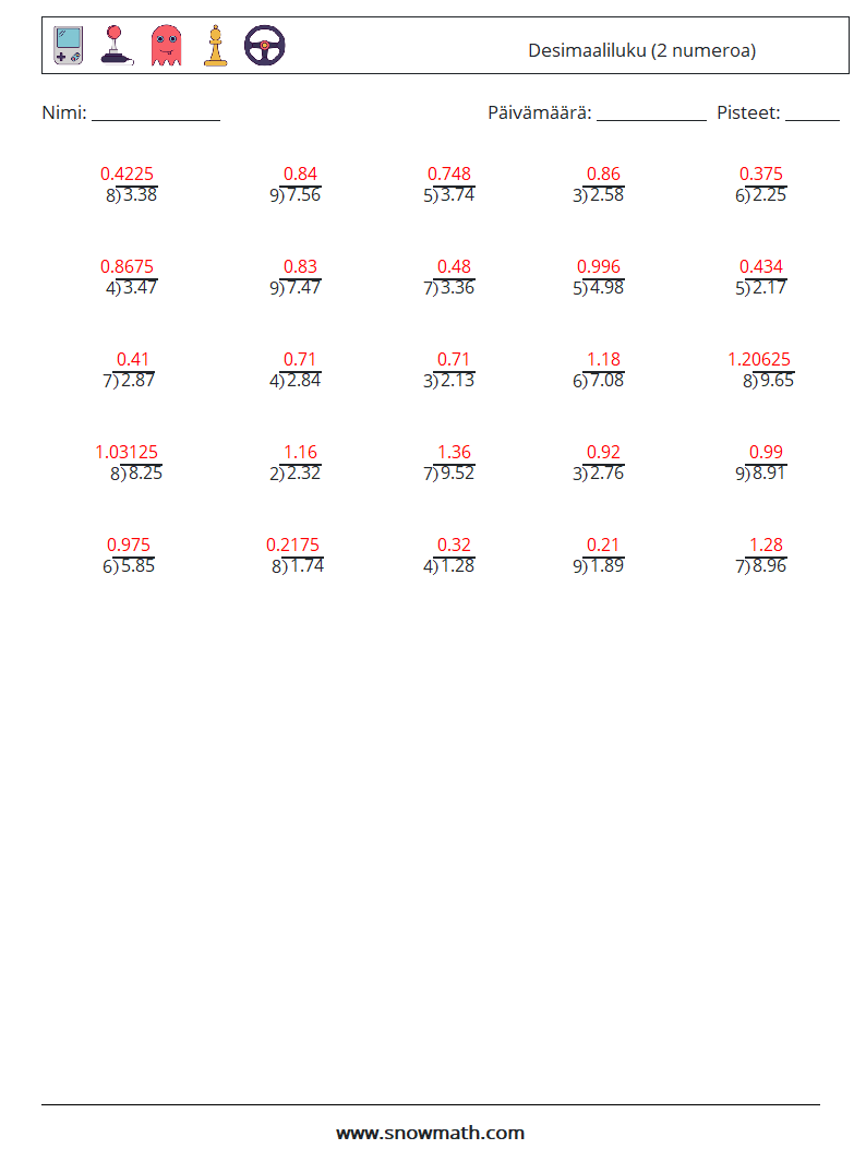 (25) Desimaaliluku (2 numeroa) Matematiikan laskentataulukot 10 Kysymys, vastaus