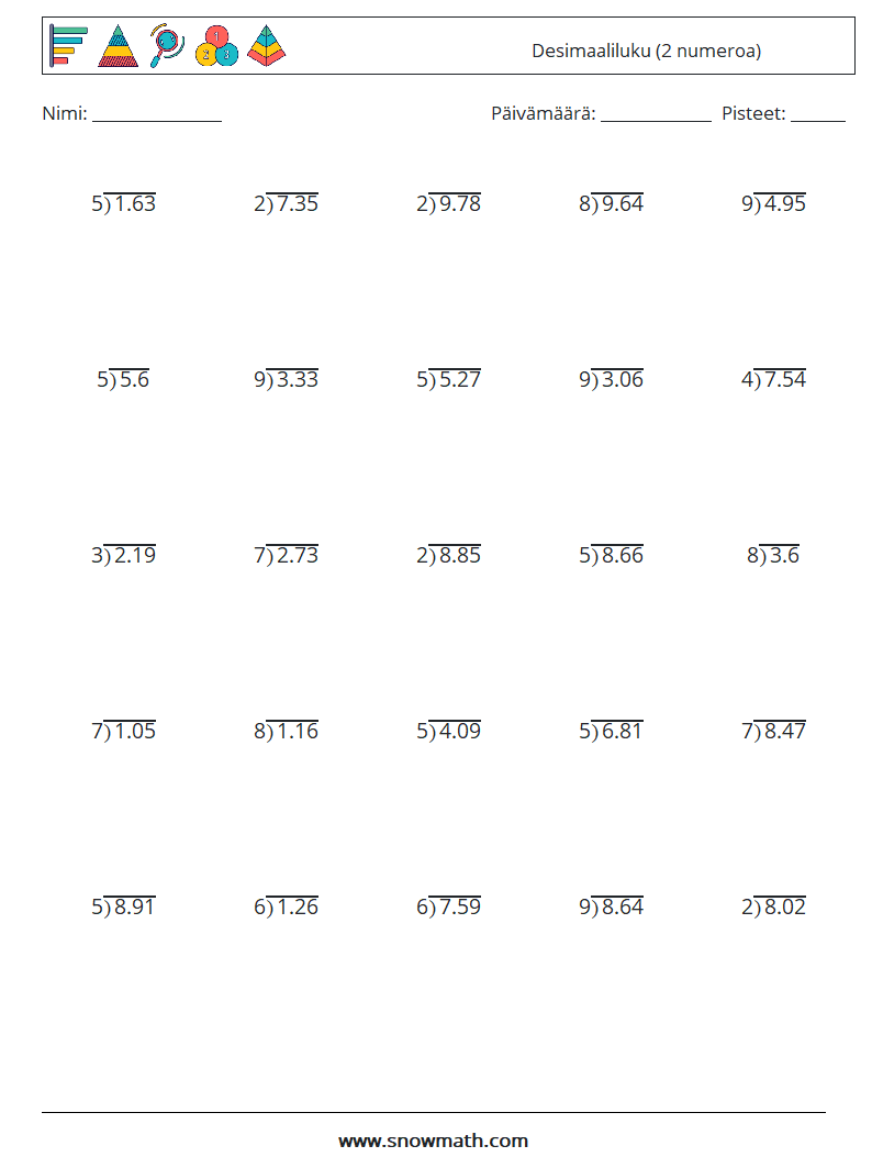 (25) Desimaaliluku (2 numeroa) Matematiikan laskentataulukot 13