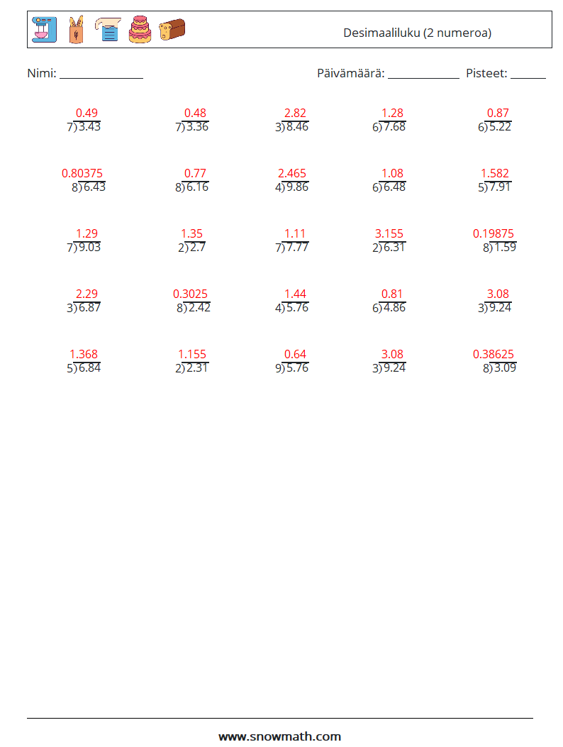 (25) Desimaaliluku (2 numeroa) Matematiikan laskentataulukot 15 Kysymys, vastaus