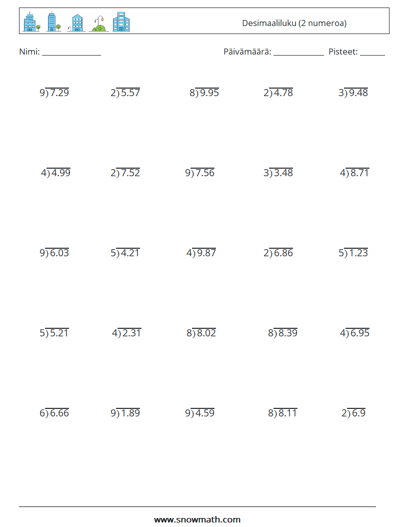 (25) Desimaaliluku (2 numeroa) Matematiikan laskentataulukot 17