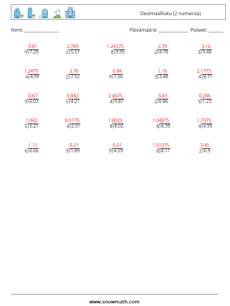 (25) Desimaaliluku (2 numeroa) Matematiikan laskentataulukot 17 Kysymys, vastaus