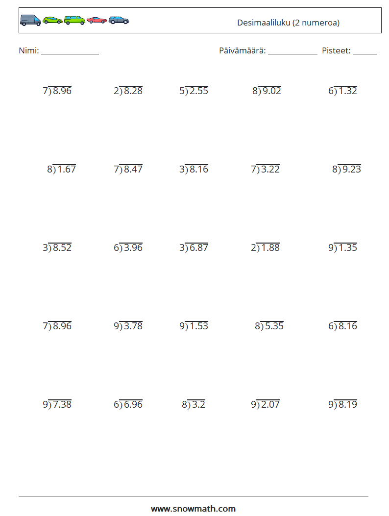 (25) Desimaaliluku (2 numeroa) Matematiikan laskentataulukot 18