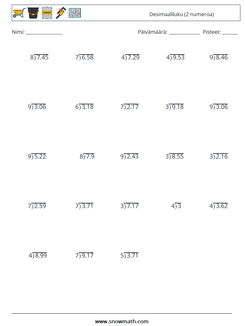 (25) Desimaaliluku (2 numeroa) Matematiikan laskentataulukot 4