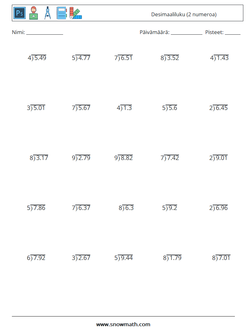 (25) Desimaaliluku (2 numeroa) Matematiikan laskentataulukot 5